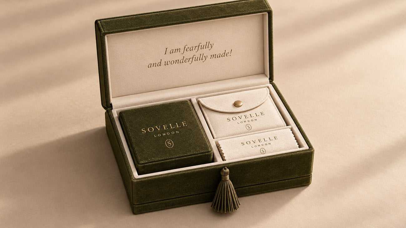 The outer box open: the line foiled inside the lid, the pendant box, pouch and cloth each in their own well