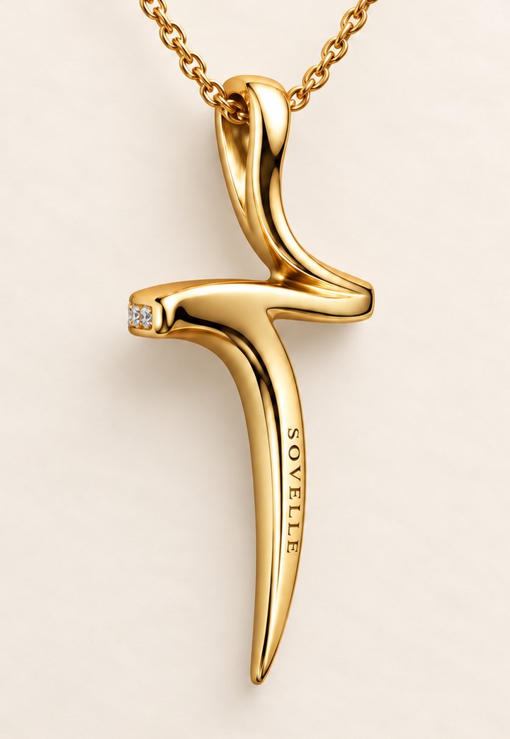 The back of the cross pendant in 18ct yellow gold, the Sovelle wordmark engraved down the stem