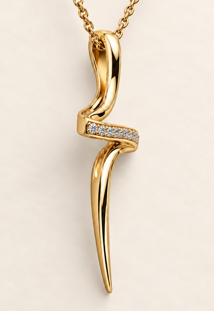 The cross pendant in 18ct yellow gold seen almost edge on, the crossbar reading as a single line