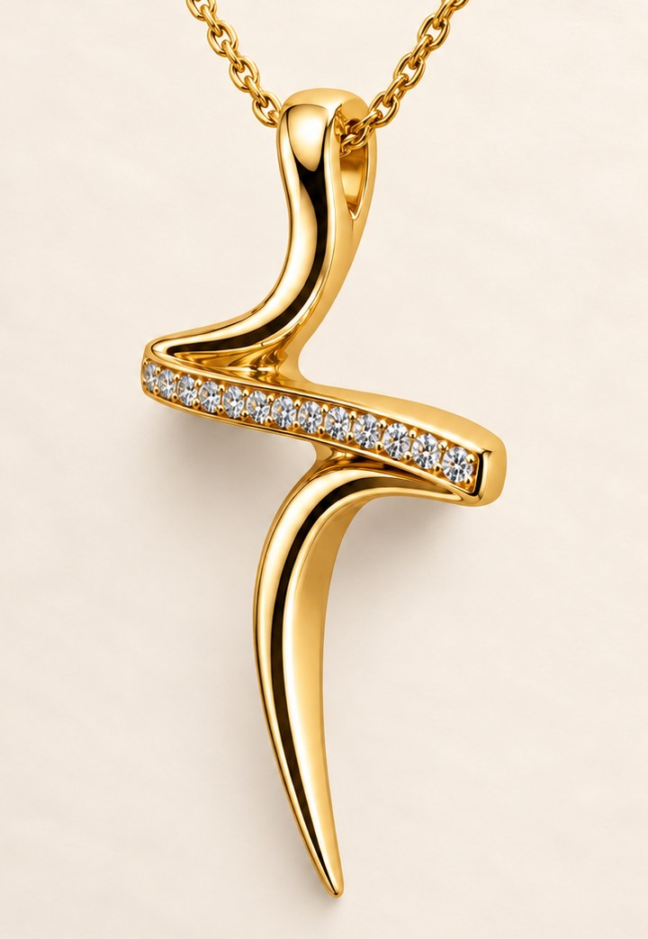 The cross pendant in 18ct yellow gold, three-quarter view, moissanite pavé along the crossbar